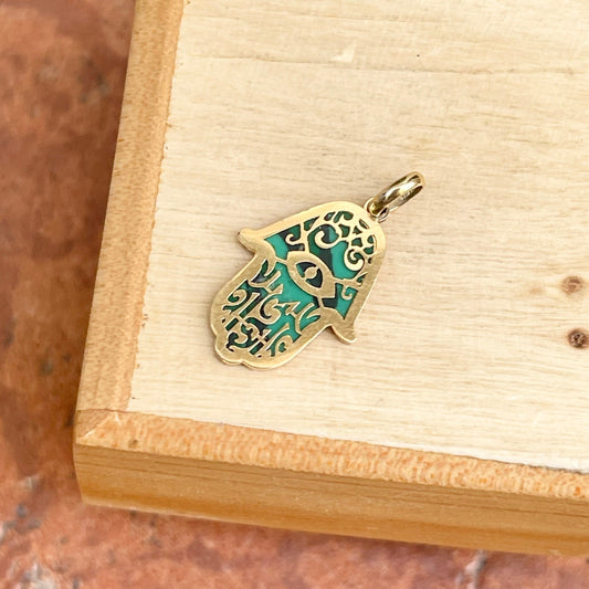 14KT Yellow Gold Malachite Filigree Hamsa Pendant Charm