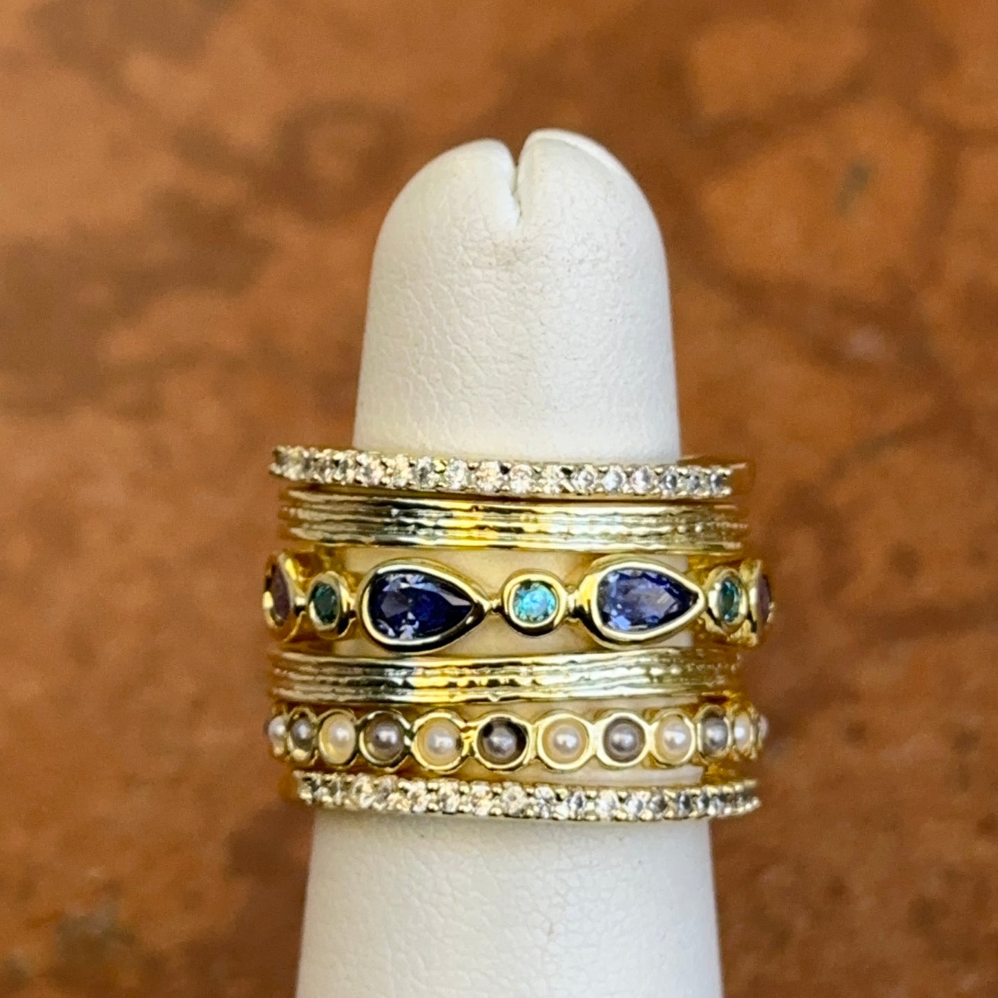 Yellow Gold-Plated Synthetic Tanzanite, Blue Zircon, CZ, B&W Pearl Beads, Ring Set