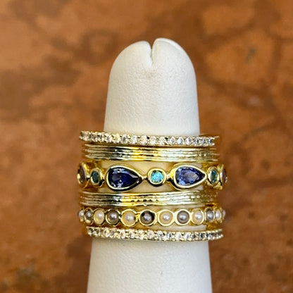 Yellow Gold-Plated Synthetic Tanzanite, Blue Zircon, CZ, B&W Pearl Beads, Ring Set