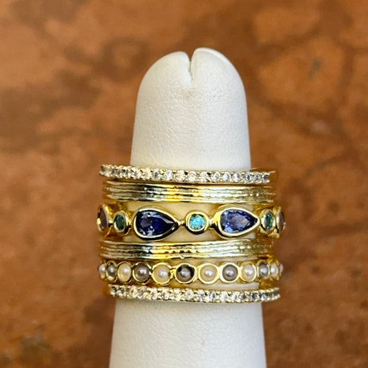 Yellow Gold-Plated Synthetic Tanzanite, Blue Zircon, CZ, B&W Pearl Beads, Ring Set