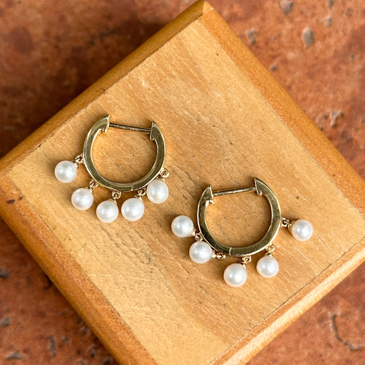 Estate 14KT Yellow Gold Dangling Pearls Huggie Hoop Earrings