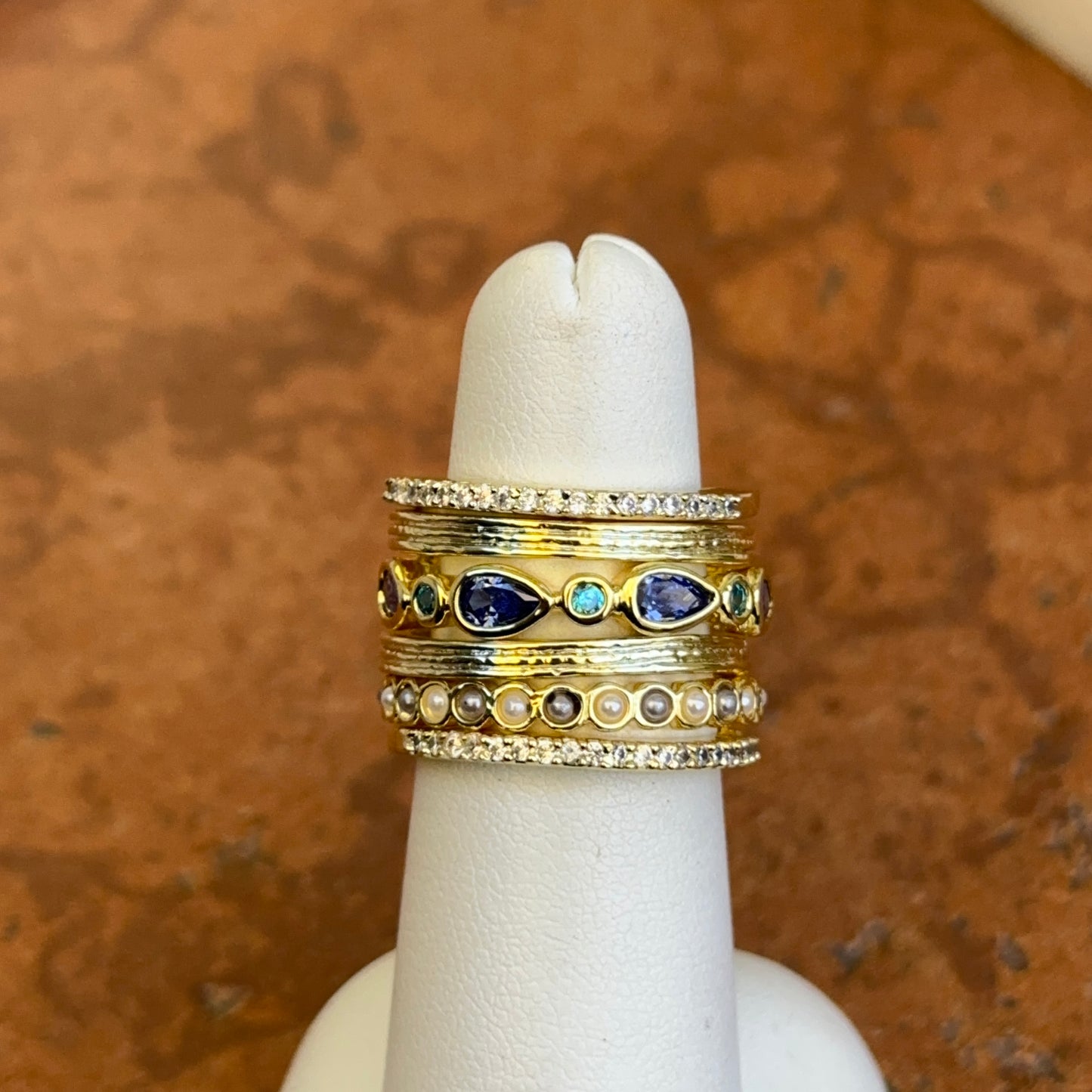 Yellow Gold-Plated Synthetic Tanzanite, Blue Zircon, CZ, B&W Pearl Beads, Ring Set