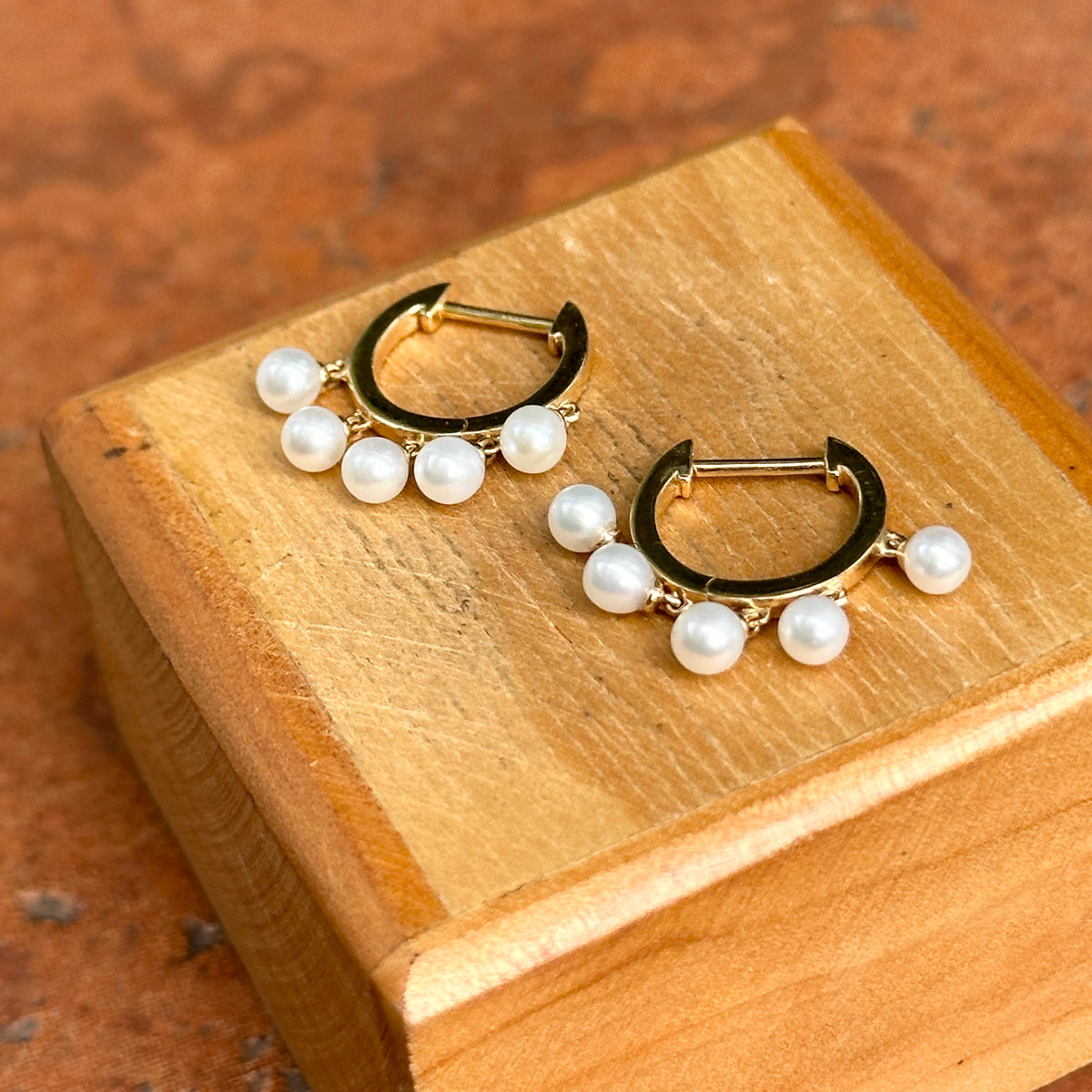 Estate 14KT Yellow Gold Dangling Pearls Huggie Hoop Earrings