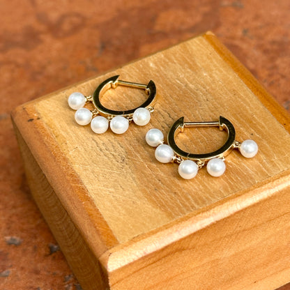 Estate 14KT Yellow Gold Dangling Pearls Huggie Hoop Earrings