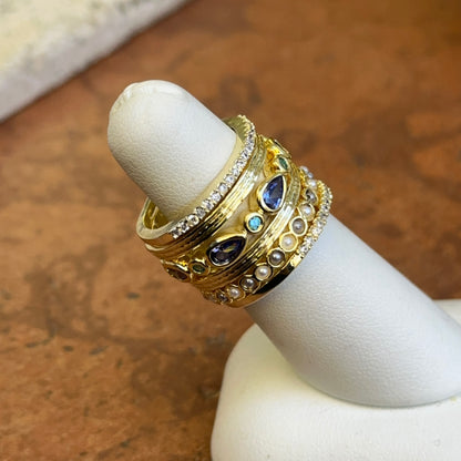 Yellow Gold-Plated Synthetic Tanzanite, Blue Zircon, CZ, B&W Pearl Beads, Ring Set