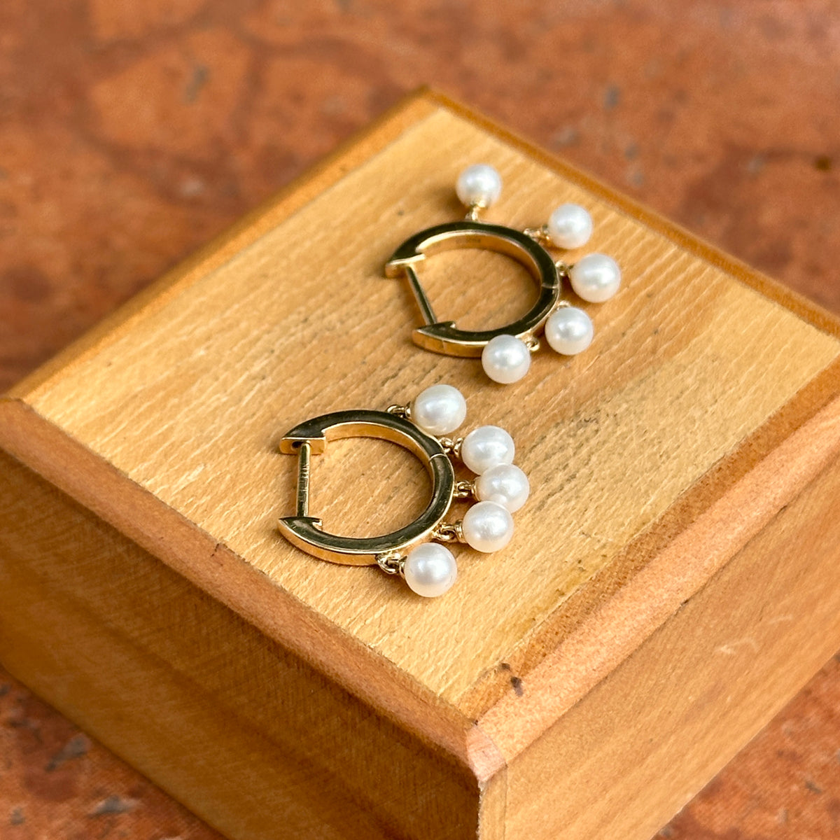 Estate 14KT Yellow Gold Dangling Pearls Huggie Hoop Earrings