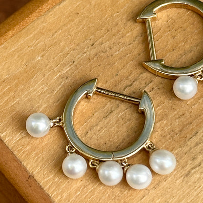 Estate 14KT Yellow Gold Dangling Pearls Huggie Hoop Earrings