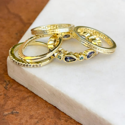 Yellow Gold-Plated Synthetic Tanzanite, Blue Zircon, CZ, B&W Pearl Beads, Ring Set