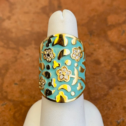 18K Yellow Gold-Plated Brass Floral Round CZ + Turquoise Enamel Saddle Ring