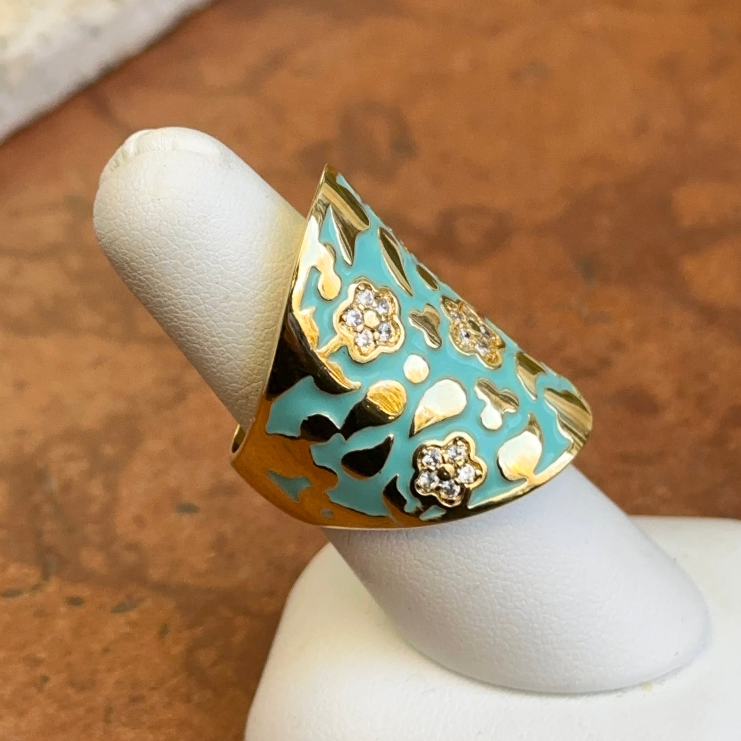 18K Yellow Gold-Plated Brass Floral Round CZ + Turquoise Enamel Saddle Ring