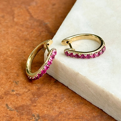 Estate 14KT Yellow Gold Dark Pink Sapphire Huggie Hoop Earrings