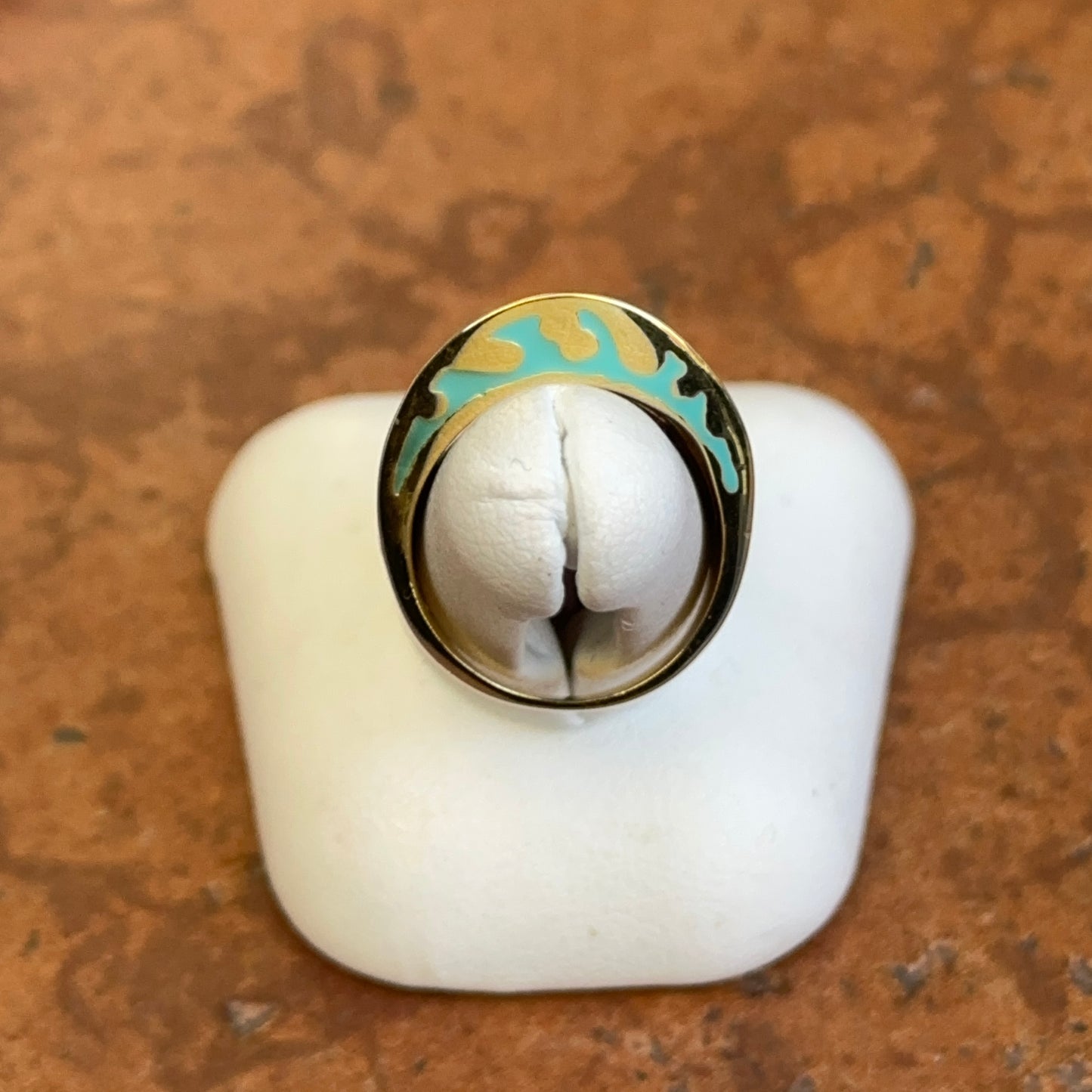 18K Yellow Gold-Plated Brass Floral Round CZ + Turquoise Enamel Saddle Ring