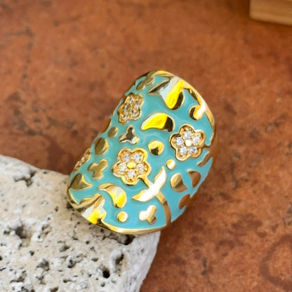 18K Yellow Gold-Plated Brass Floral Round CZ + Turquoise Enamel Saddle Ring