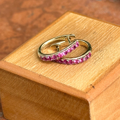 Estate 14KT Yellow Gold Dark Pink Sapphire Huggie Hoop Earrings