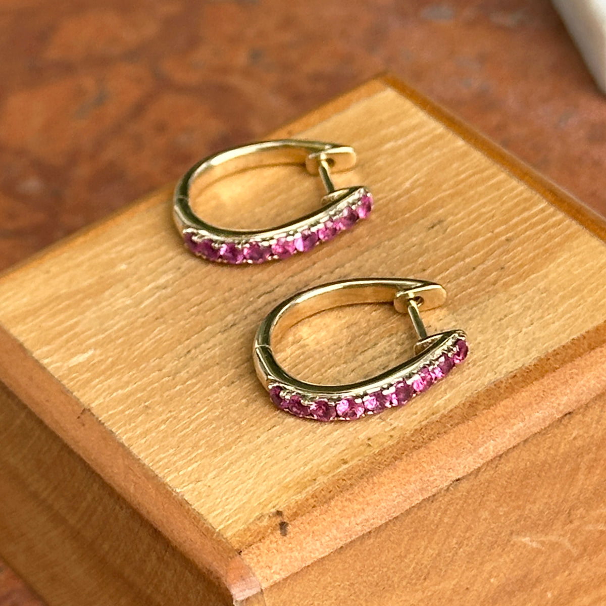 Estate 14KT Yellow Gold Dark Pink Sapphire Huggie Hoop Earrings