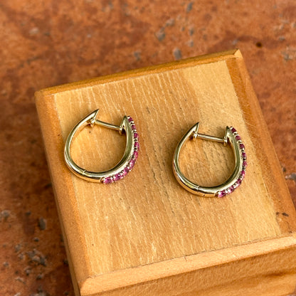Estate 14KT Yellow Gold Dark Pink Sapphire Huggie Hoop Earrings