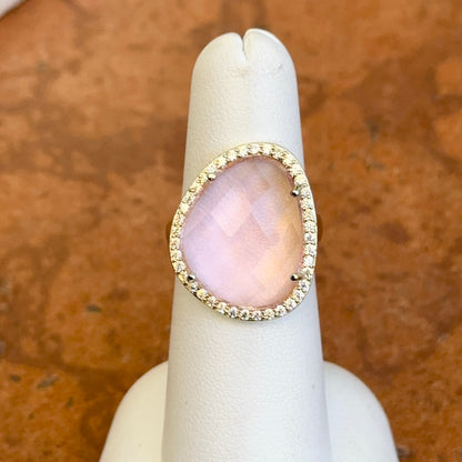 Yellow Gold-Plated Checkerboard Cut Pink Stone + Round CZ Halo Ring