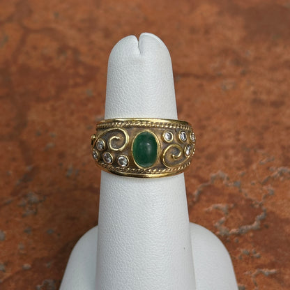 Vintage 14KT Yellow Gold Matte Byzantine Emerald + Diamond Ring