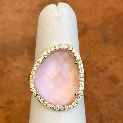 Yellow Gold-Plated Checkerboard Cut Pink Stone + Round CZ Halo Ring