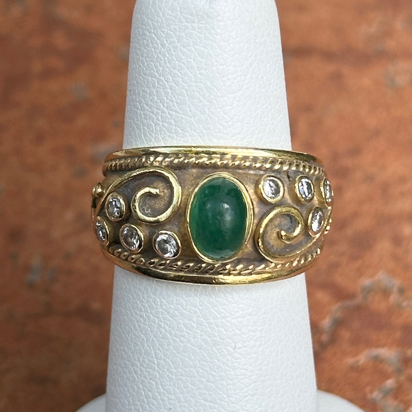 Vintage 14KT Yellow Gold Matte Byzantine Emerald + Diamond Ring