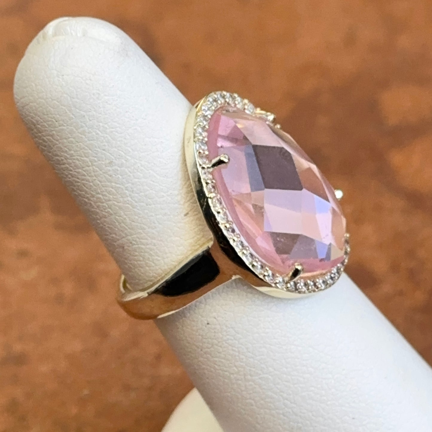 Yellow Gold-Plated Checkerboard Cut Pink Stone + Round CZ Halo Ring