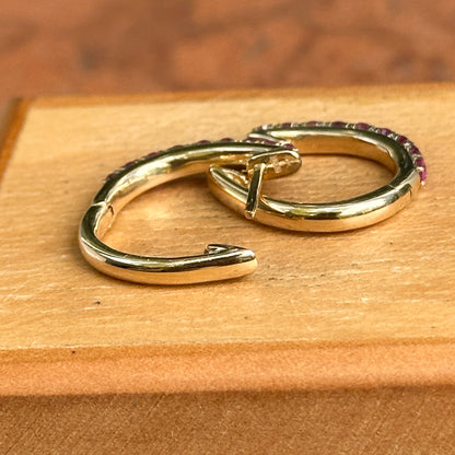 Estate 14KT Yellow Gold Dark Pink Sapphire Huggie Hoop Earrings
