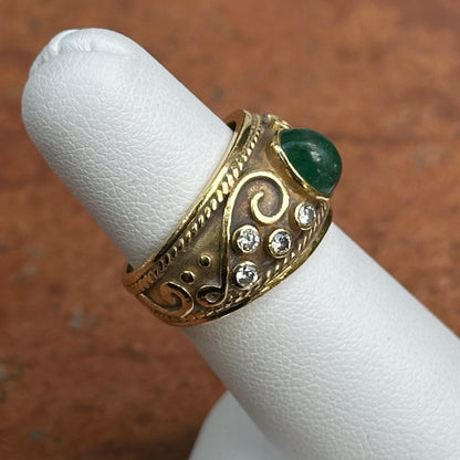 Vintage 14KT Yellow Gold Matte Byzantine Emerald + Diamond Ring