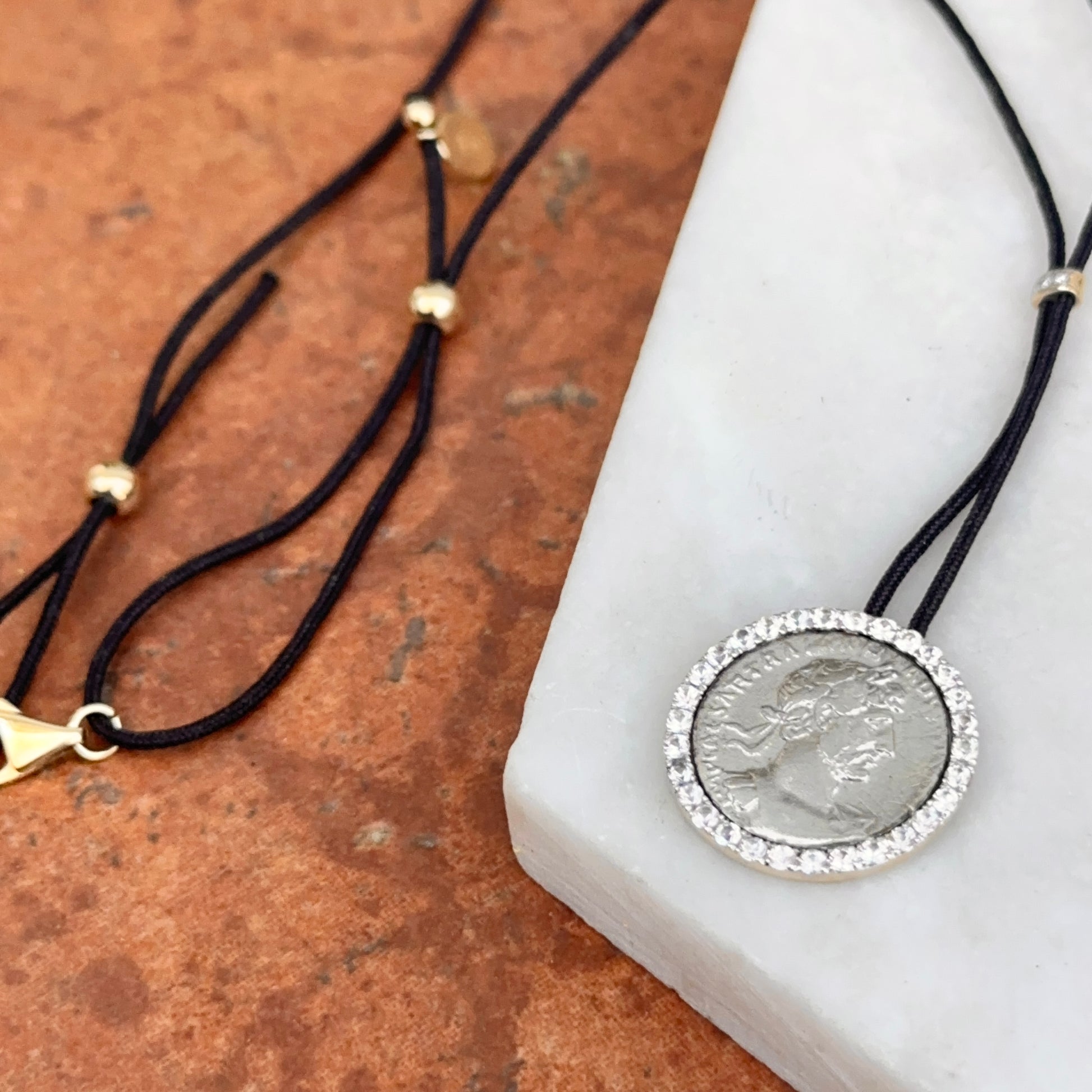Estate 14KT Yellow Gold + Sterling Silver Faux Coin Cord Necklace - LSJ