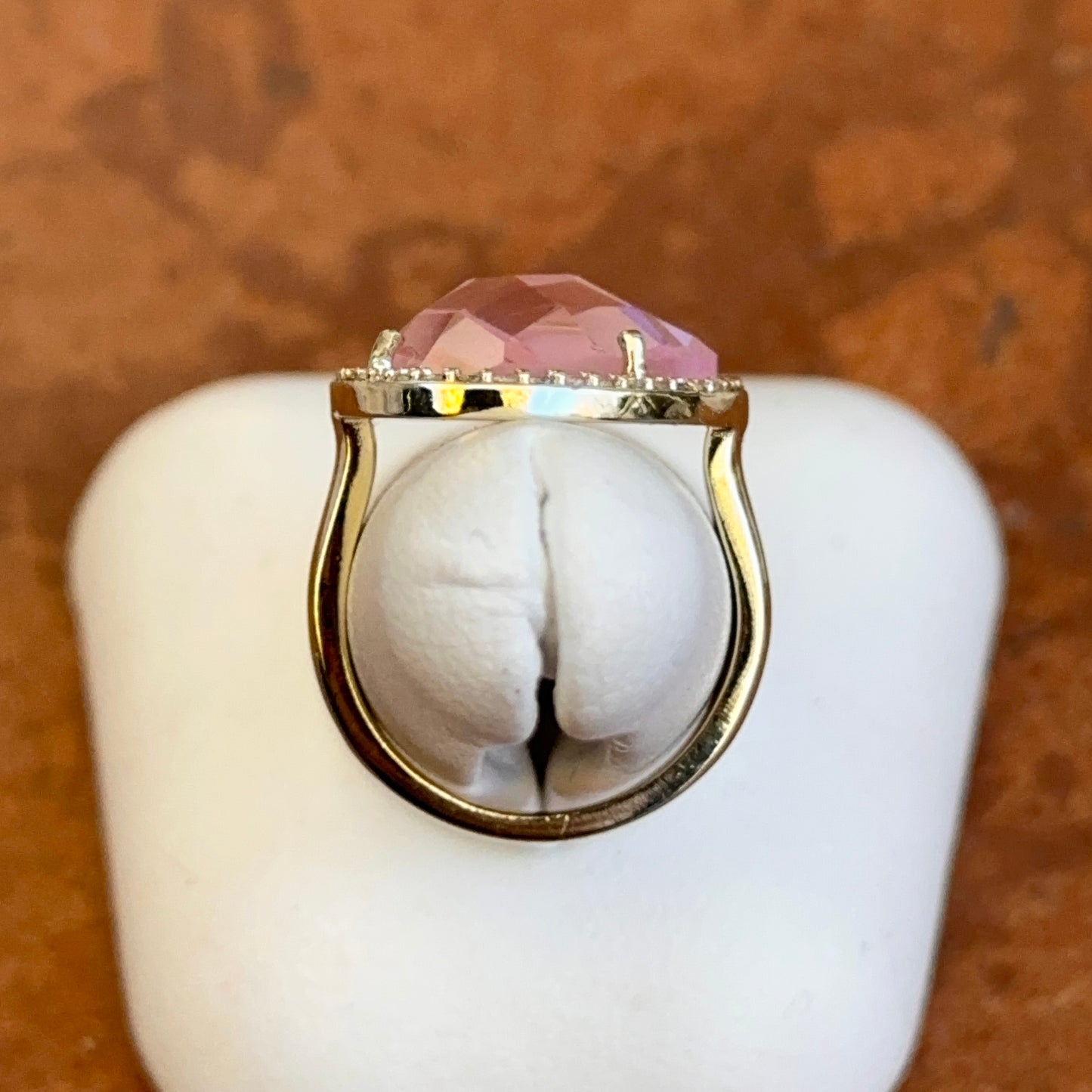 Yellow Gold-Plated Checkerboard Cut Pink Stone + Round CZ Halo Ring