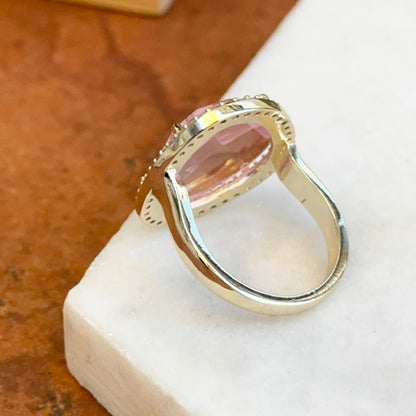 Yellow Gold-Plated Checkerboard Cut Pink Stone + Round CZ Halo Ring