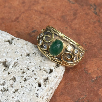 Vintage 14KT Yellow Gold Matte Byzantine Emerald + Diamond Ring