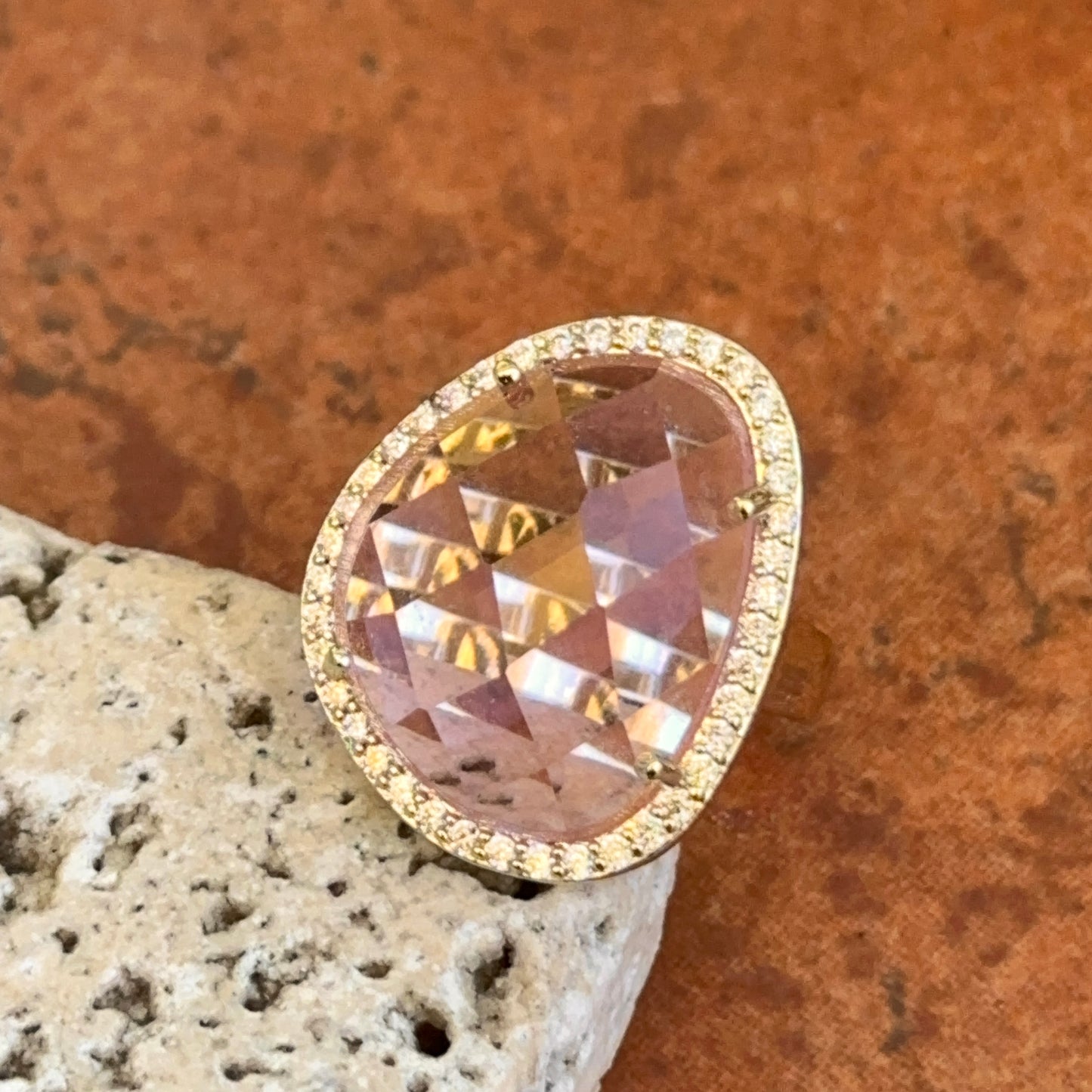 Yellow Gold-Plated Checkerboard Cut Pink Stone + Round CZ Halo Ring