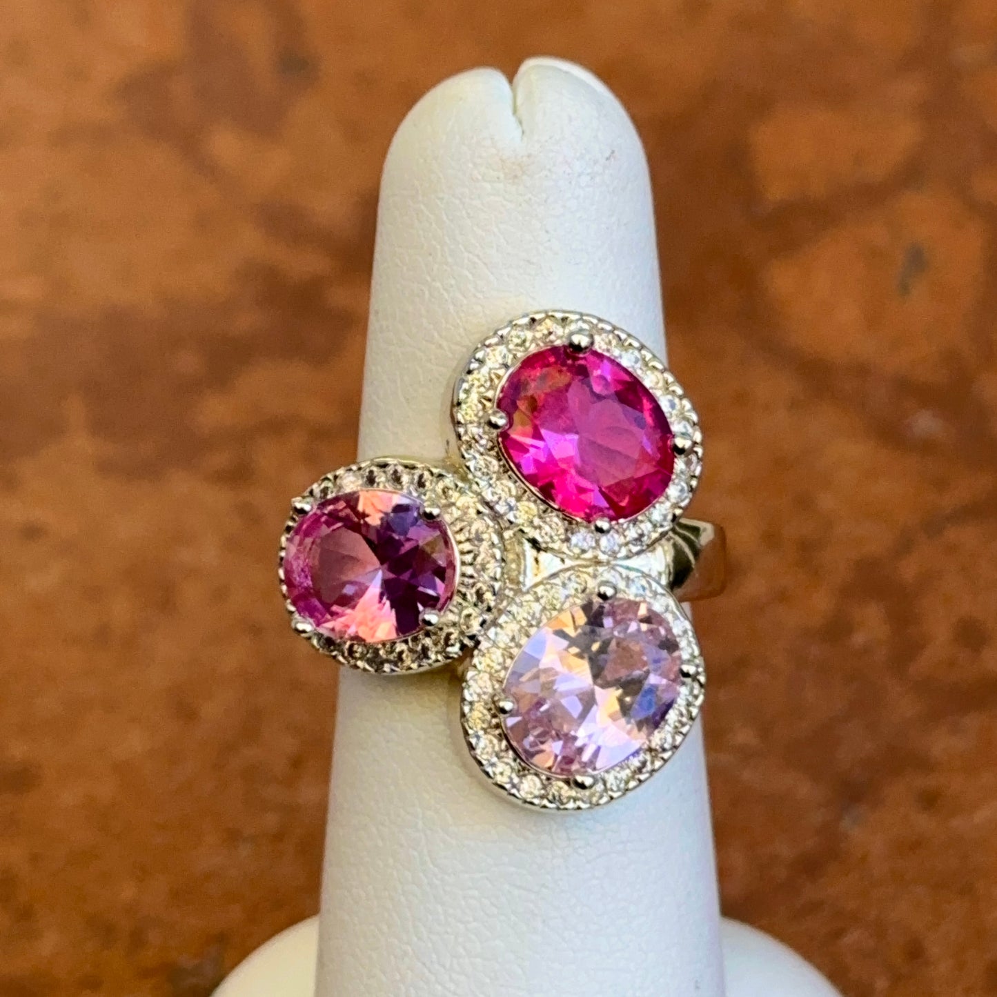 Silver-Plated Oval Pink Gemstones + Cubic Zirconia Cluster Ring