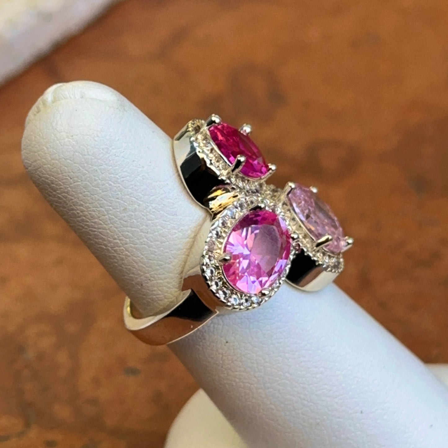 Silver-Plated Oval Pink Gemstones + Cubic Zirconia Cluster Ring