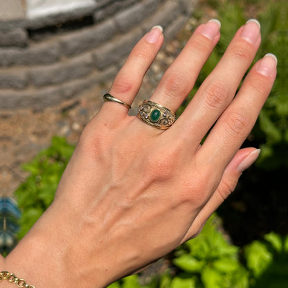 Vintage 14KT Yellow Gold Matte Byzantine Emerald + Diamond Ring