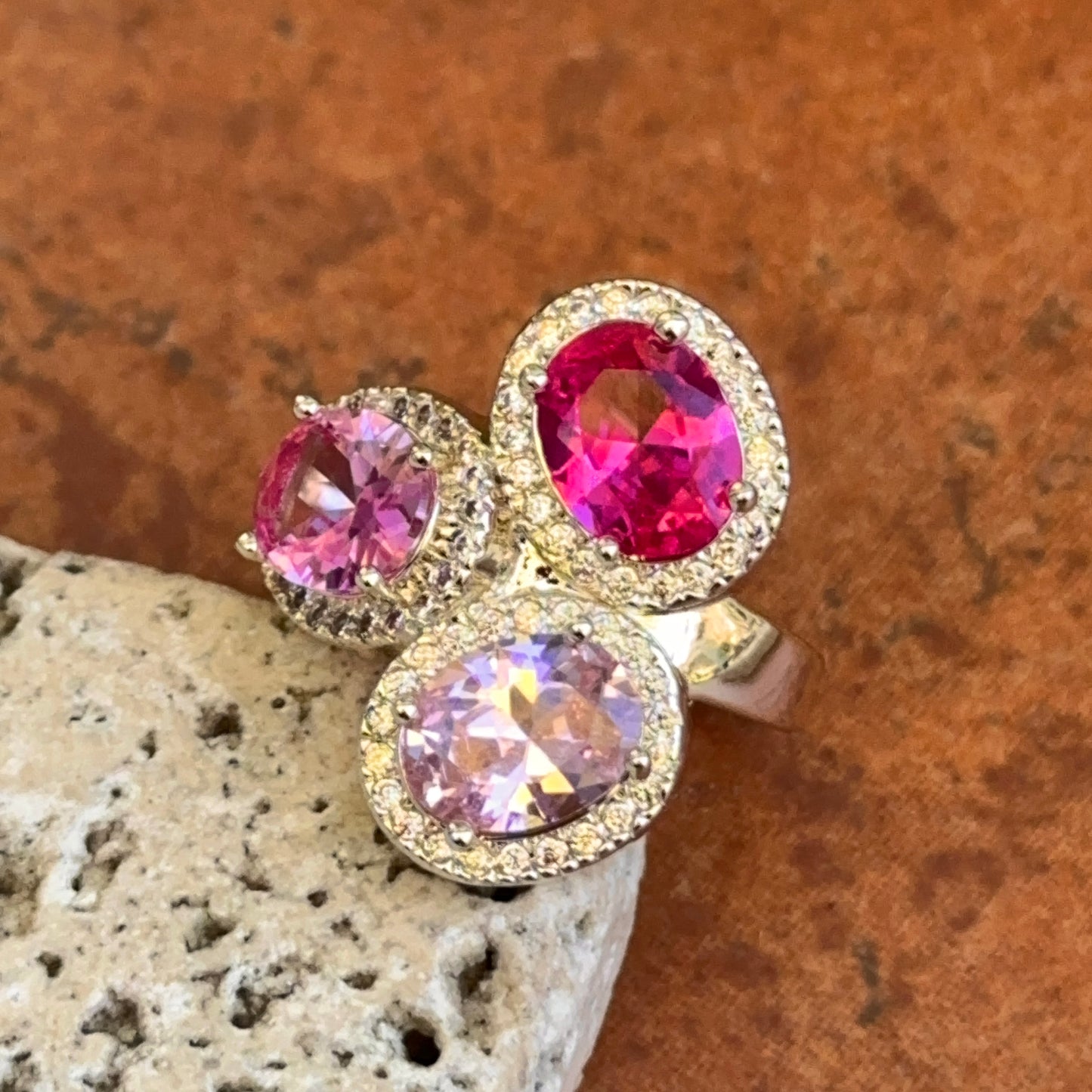 Silver-Plated Oval Pink Gemstones + Cubic Zirconia Cluster Ring