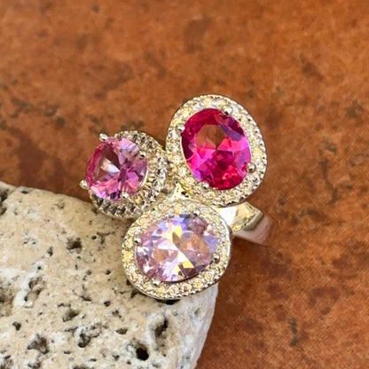 Silver-Plated Oval Pink Gemstones + Cubic Zirconia Cluster Ring