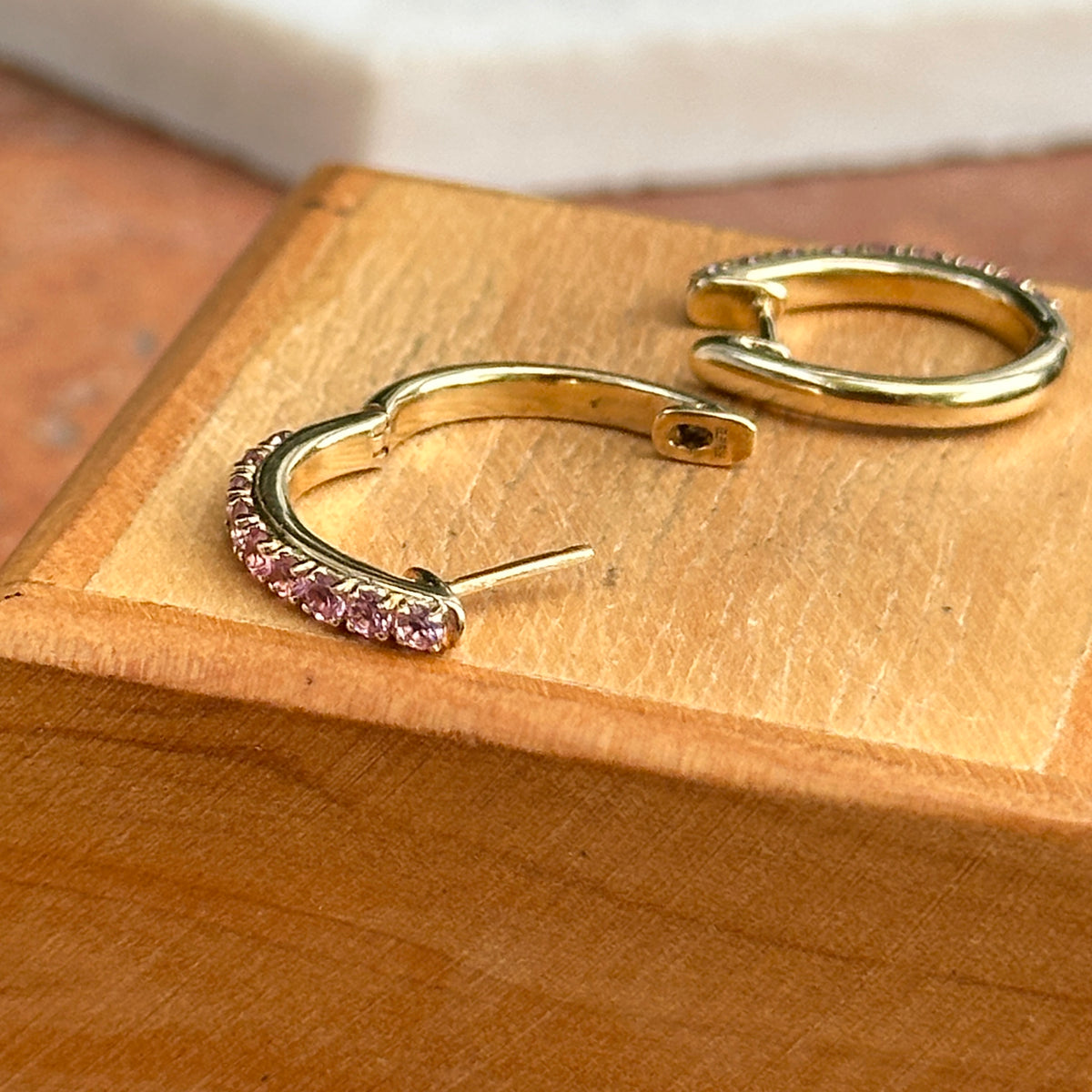 Estate 14KT Yellow Gold Light Pink Sapphire Huggie Hoop Earrings