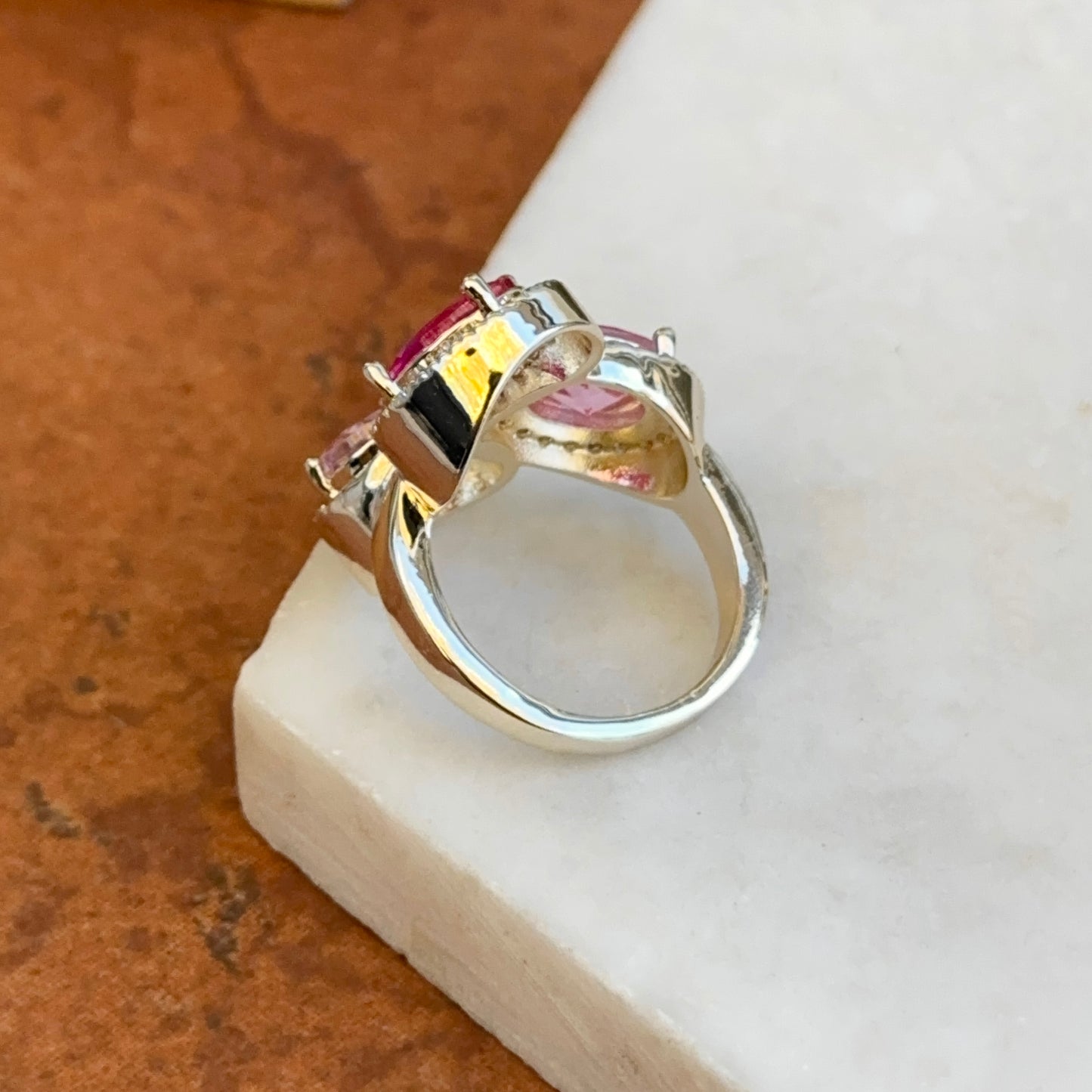 Silver-Plated Oval Pink Gemstones + Cubic Zirconia Cluster Ring