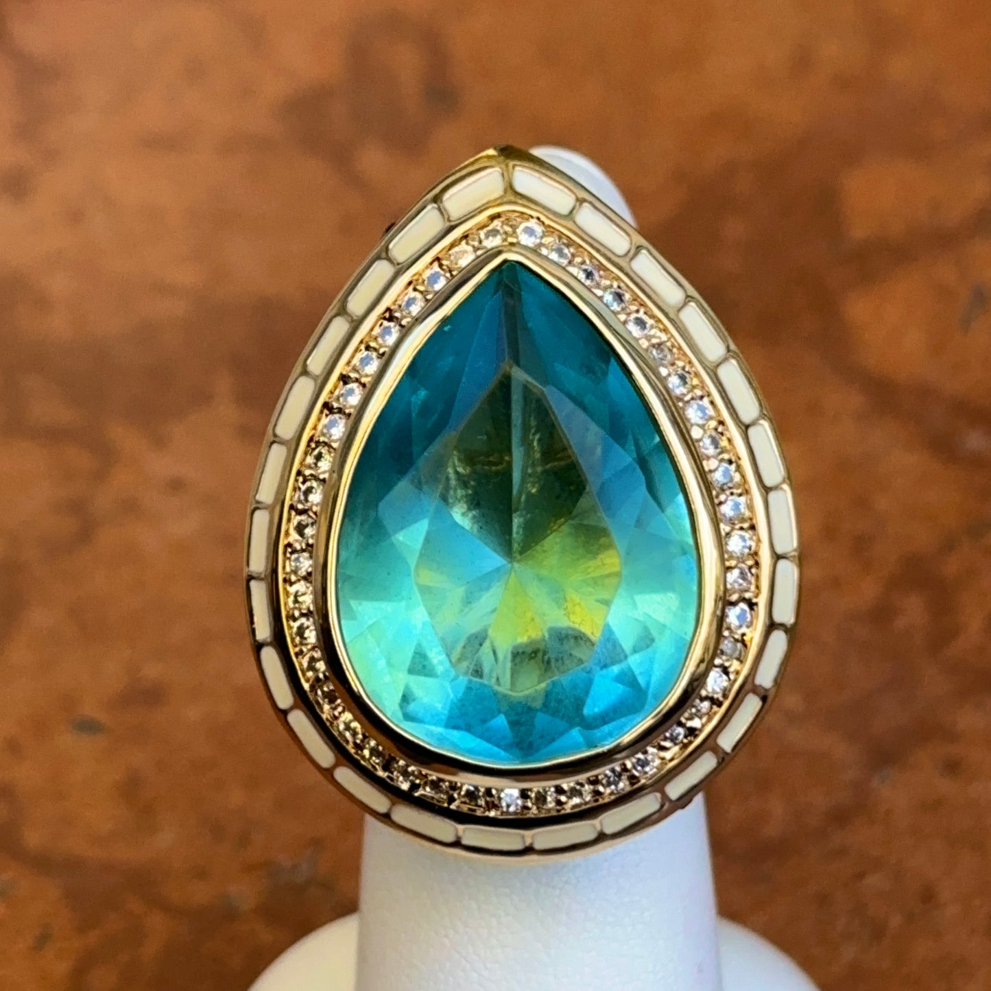18K Yellow Gold-Plated Brass Pear Synthetic Aquamarine CZ Blue & White Enamel Ring