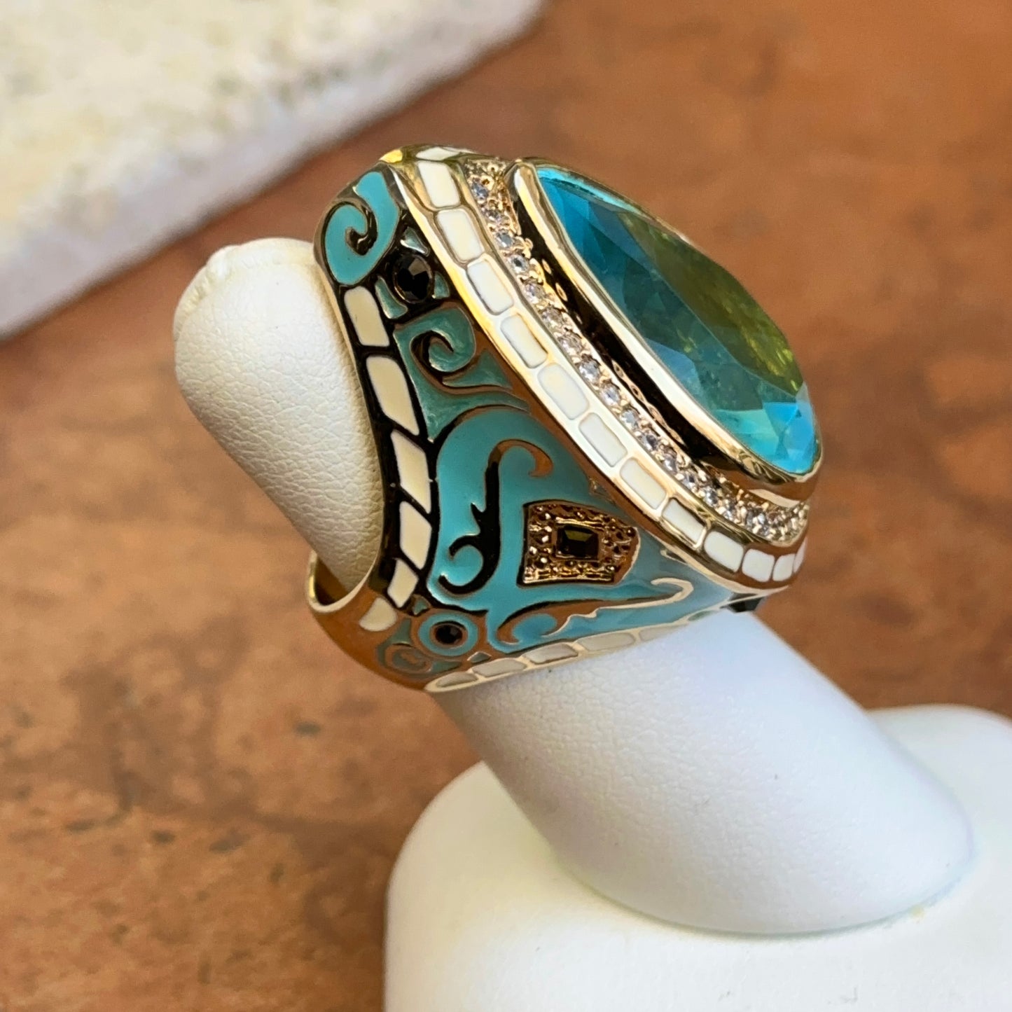 18K Yellow Gold-Plated Brass Pear Synthetic Aquamarine CZ Blue & White Enamel Ring