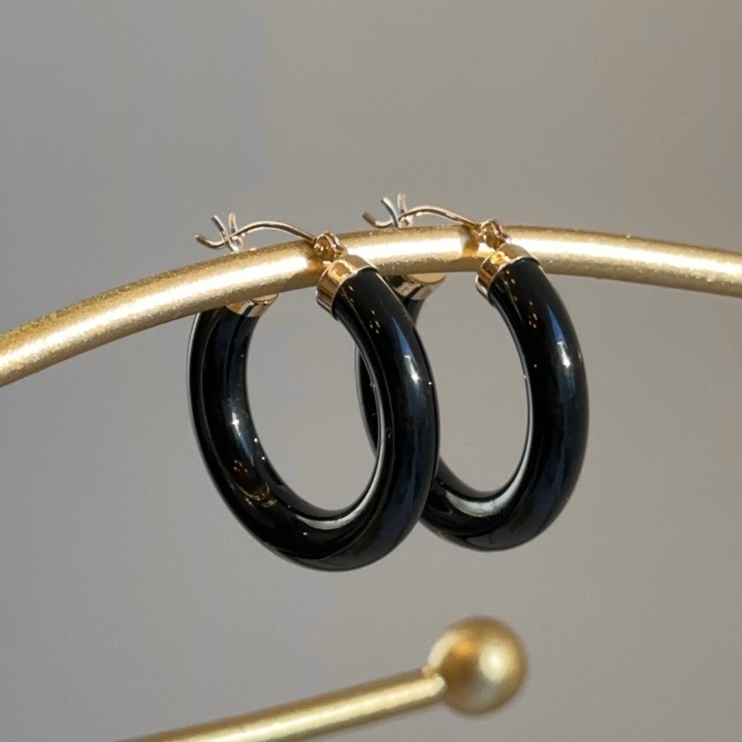14KT Yellow Gold Black Onyx Tube Hoop Earrings 24mm