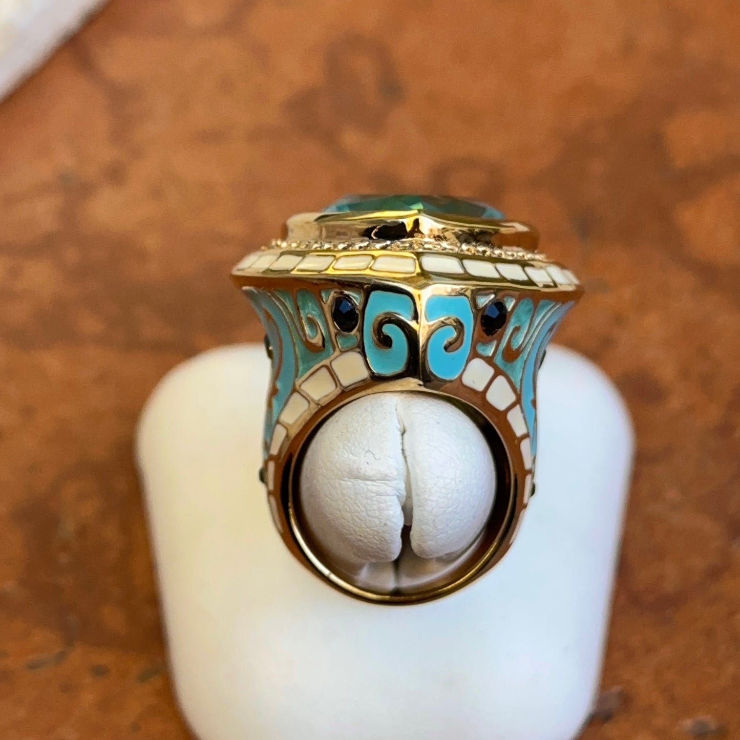 18K Yellow Gold-Plated Brass Pear Synthetic Aquamarine CZ Blue & White Enamel Ring