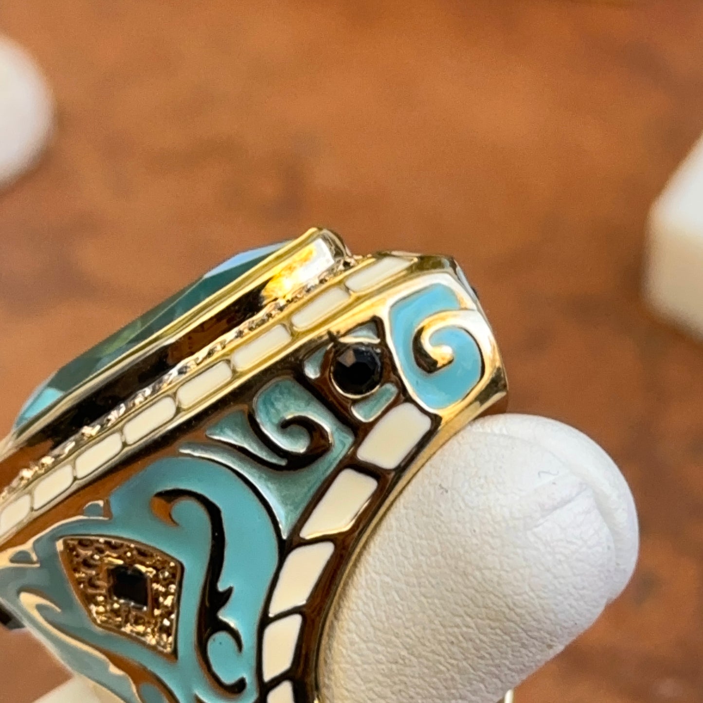 18K Yellow Gold-Plated Brass Pear Synthetic Aquamarine CZ Blue & White Enamel Ring