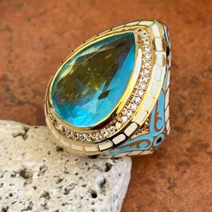 18K Yellow Gold-Plated Brass Pear Synthetic Aquamarine CZ Blue & White Enamel Ring