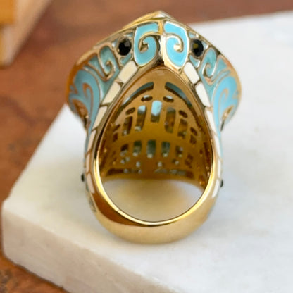 18K Yellow Gold-Plated Brass Pear Synthetic Aquamarine CZ Blue & White Enamel Ring