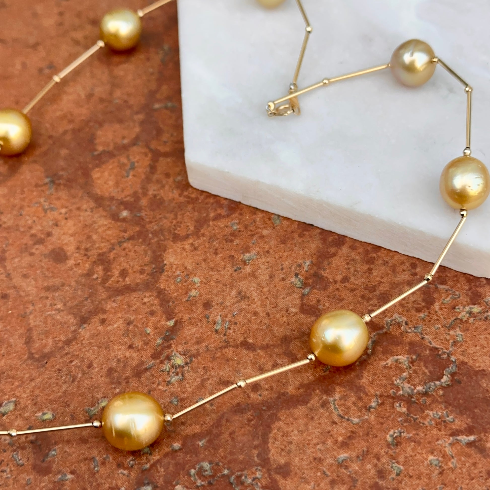 Estate 18KT Yellow Gold Golden Pearl Station Necklace - LSJ
