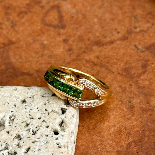 Estate 18KT Yellow Gold Green Garnet + Diamond Channel-Set Ring