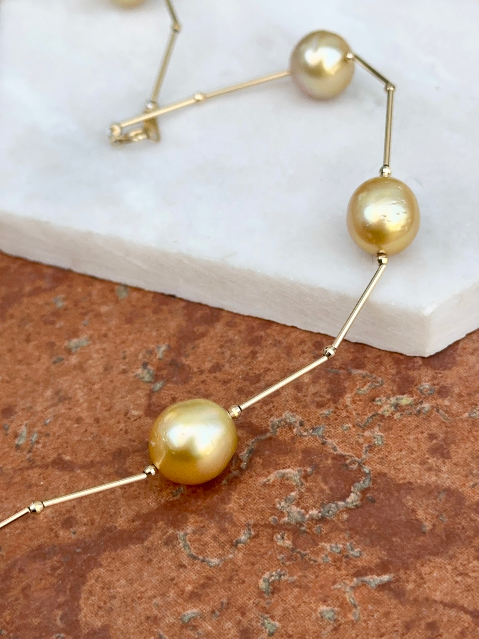 Estate 18KT Yellow Gold Golden Pearl Station Necklace - LSJ