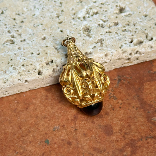 Estate 14KT Yellow Gold Byzantine Garnet Detailed Drop Pendant